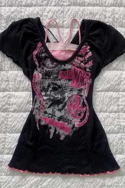 Vintage Washed Graphic Fake Two-Piece Cami T-shirt