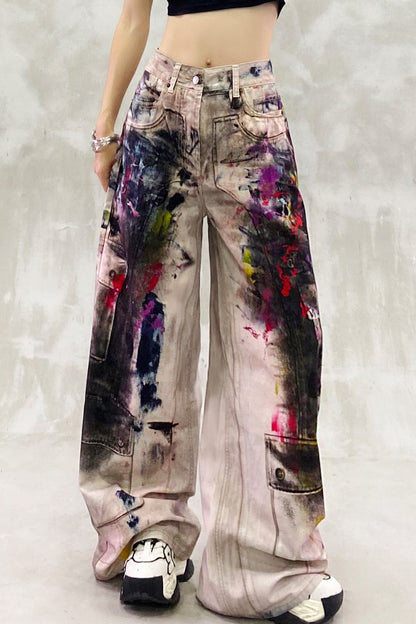 Retro Graffiti Print Denim Wide Leg Floor Pants