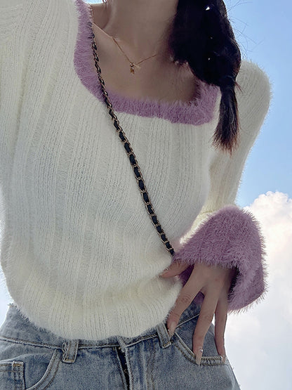 Contrast Color Splice Trumpet Sleeve Slim Sweater