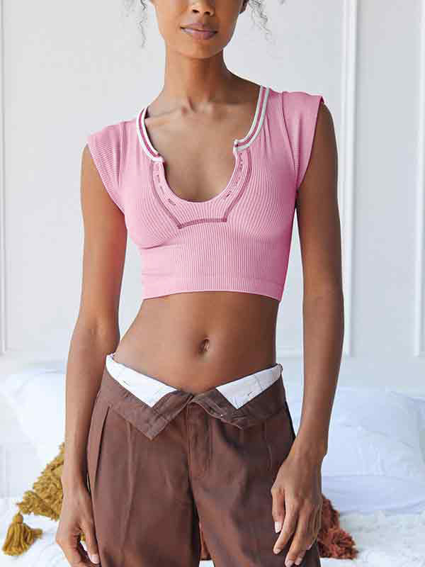 Ribbed Stitch V Neck Crop Short Sleeve Knit