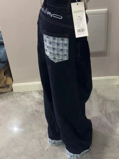 American Retro Bow Grid Boyfriend Jeans