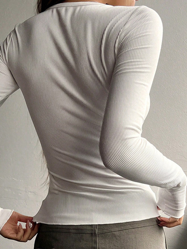 Solid Color Crew Neck Breasted Long Sleeve Knit
