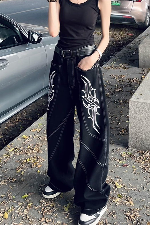 Y2K Stitch Embroidery Wide Leg Jeans Pants