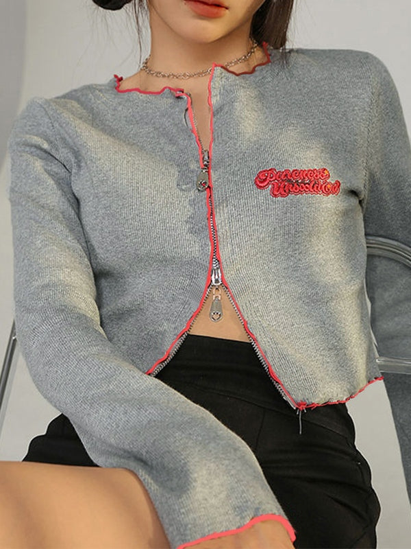 Contrast Color Embroidery Fungus Zip Long Sleeve Knit