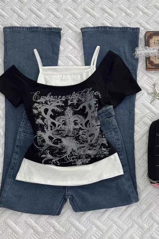 Grunge Y2K Twofer Asymmetrical Print T-shirt