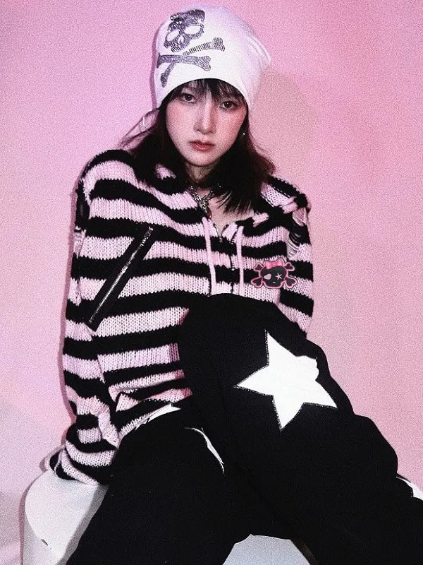 Harajuku Gothic Skull Striped Knitted Zipper Hoodie