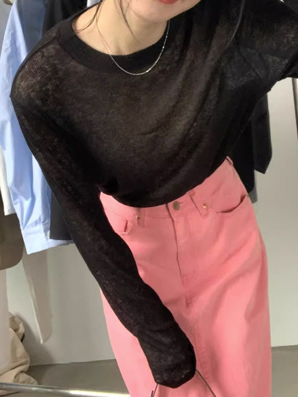 Plain Crewneck Casual Thin Long Sleeve Knits