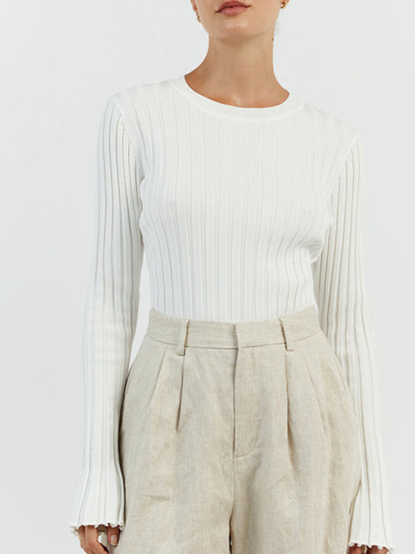 Solid Ribbed Crew Neck Long Sleeve Knit