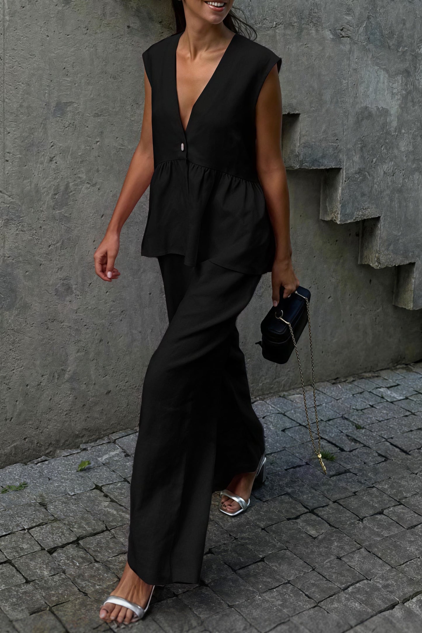 Romantic Cotton V Neck Sleeveless Vest Pants Two Piece Set