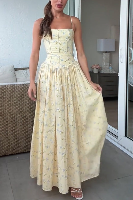 Romantic Countryside Stretch Cotton Blend Floral Print Cutout Trim Slip Midi Dress