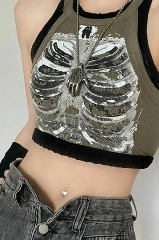 Retro Skeleton Print Sleeveless Army Green Crop Top