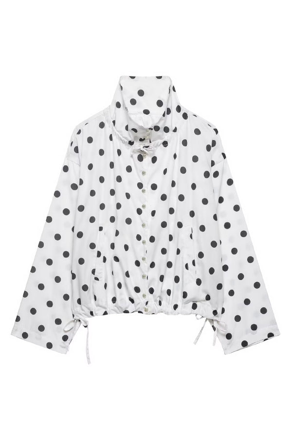 Polka Dot Print Loose Stand Collar Button Bow Tie Casual Long-sleeved Jacket