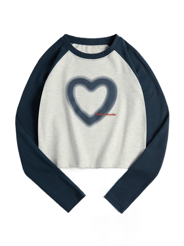 Blurred Heart Print Raglan Long Sleeve Tee