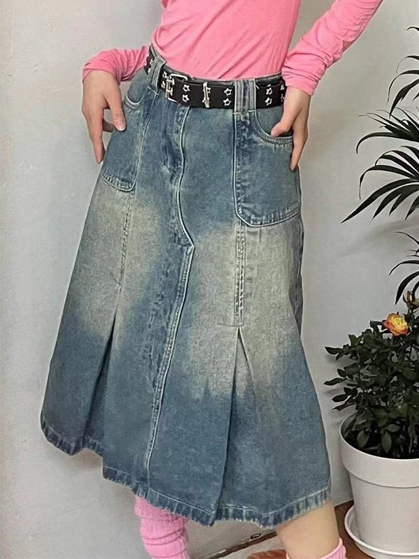 Distressed Pleated Design Midi Skirt
