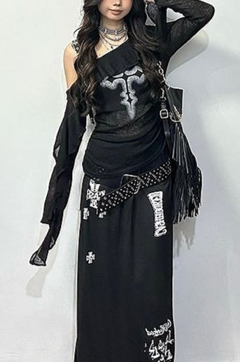 Retro Cross Dark Y2K Off Shoulder T-shirt