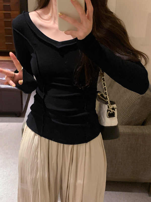 Solid V Neck Seam Detail Slim Long Sleeve Knit