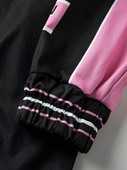 Retro Print Contrast Color Moto Jacket