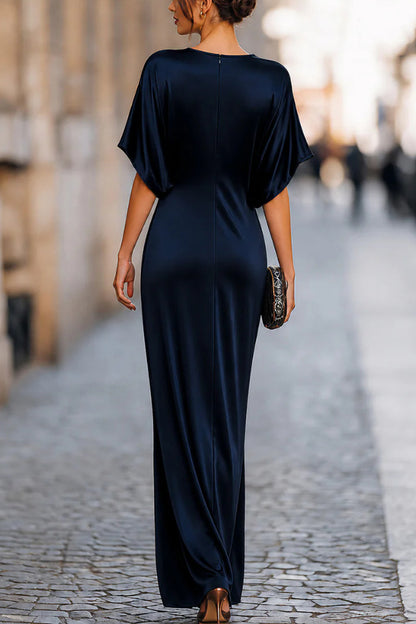 Solid Color Round Neck Short-sleeved Elegant Draped Maxi Dress