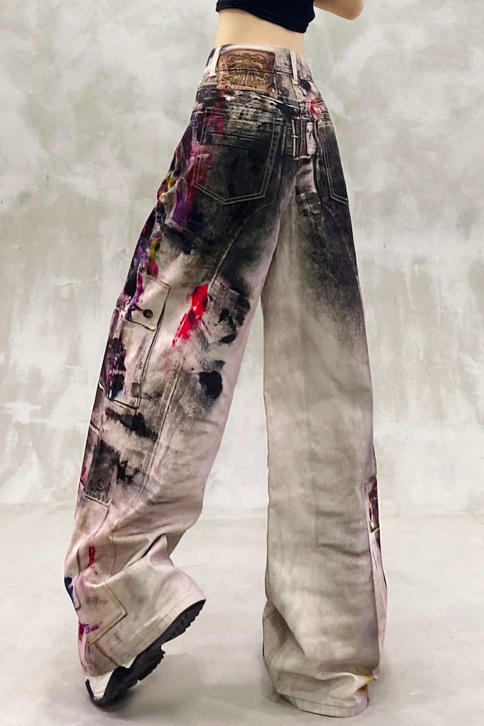 Retro Graffiti Print Denim Wide Leg Floor Pants