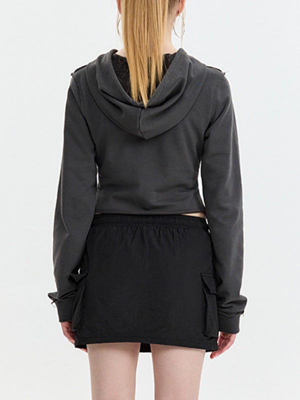 Solid Color Frayed Design Drawstring Long Sleeve Tee