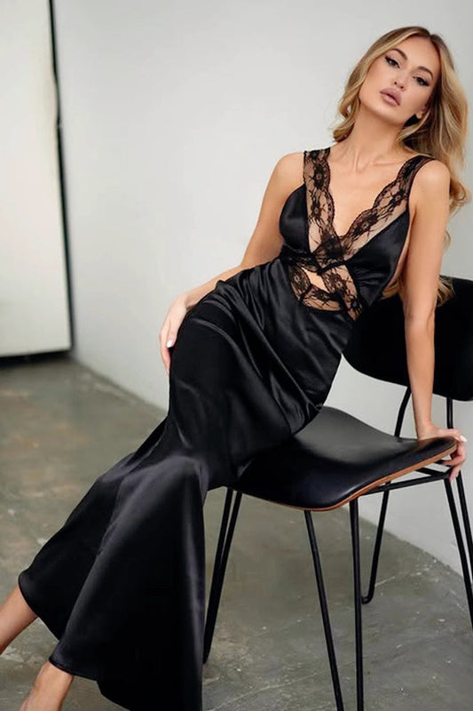 Lace Satin Cutout V-Neck Silk Dress