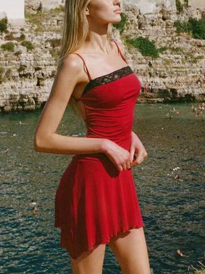 Lace Splice Backless Tie Up Mini Dress