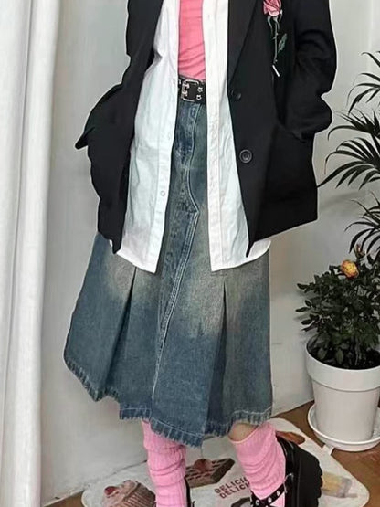 Distressed Pleated Design Midi Skirt