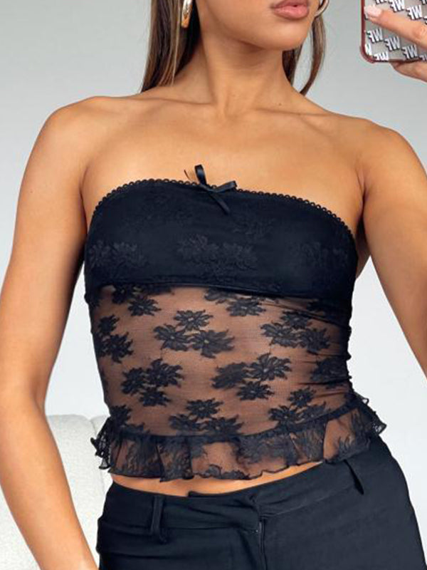 Lace Mesh Splice Lettuce Hem Bandeau Top