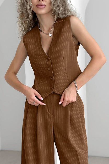 Brown Striped Two Piece Vest Pants Set