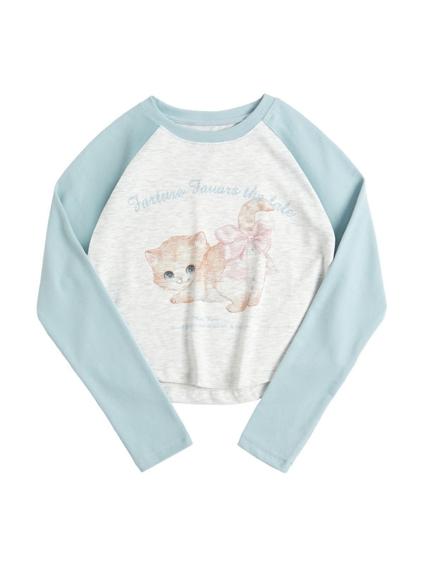 Kitten Print Raglan Long Sleeve Tee