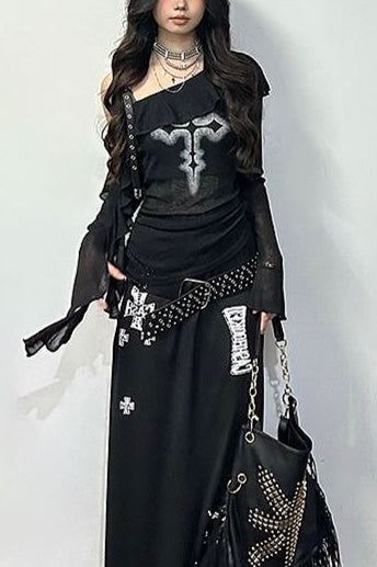 Retro Cross Dark Y2K Off Shoulder T-shirt
