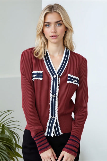 Colorblock Lace Trim V Neck Knit Cardigan