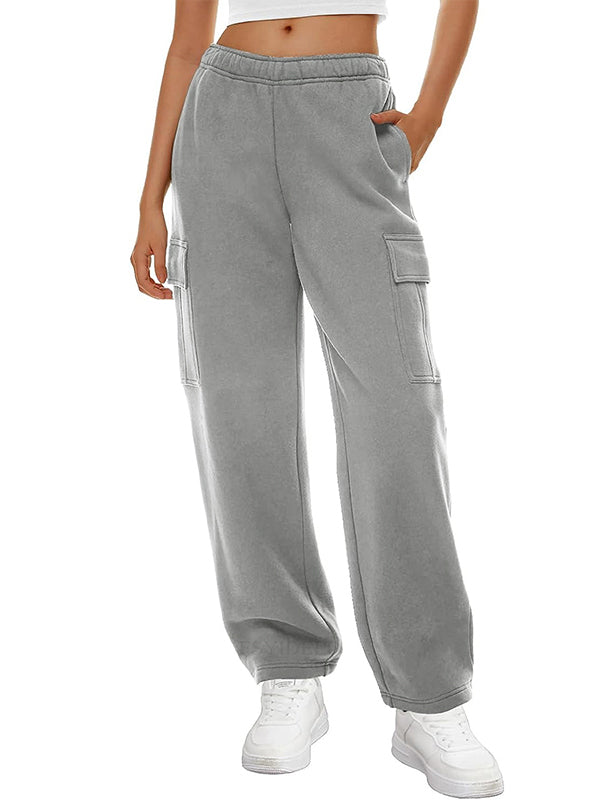 Solid Multi Pocket Elastic Waist Sweatpants