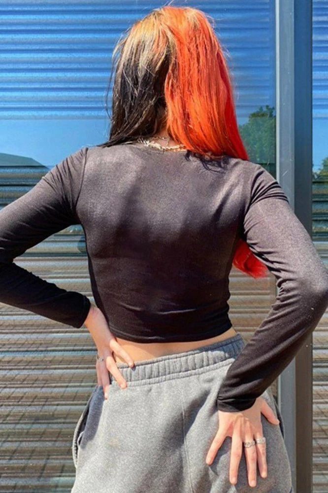 Punk Rhinestone Skull Long Sleeve Crop Top