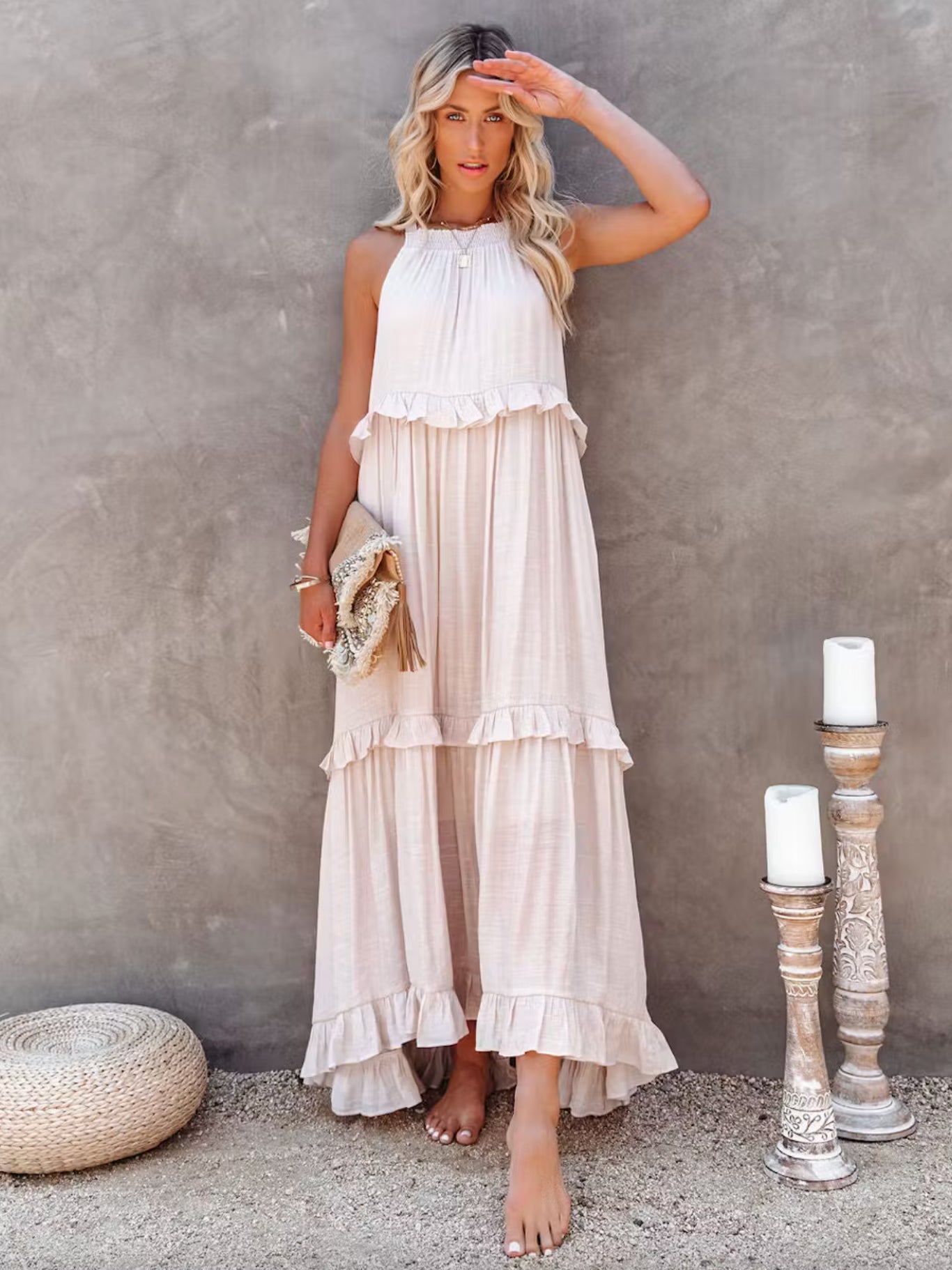 Boho Halter Neck Maxi Shift Dress for Women - Ruffle Tiered Flowy Sun Dress - Summer Beach Vacation 2026