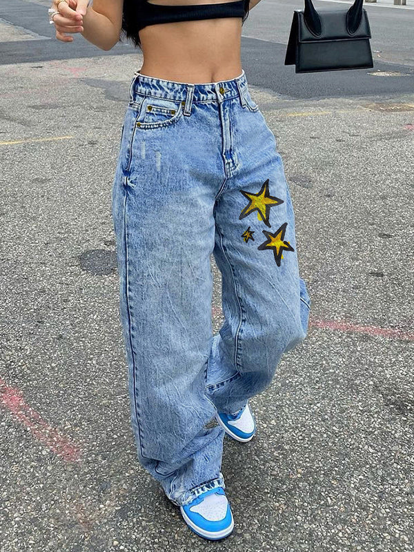 Basic Wash Print Straight Leg Boyfriend Jeans