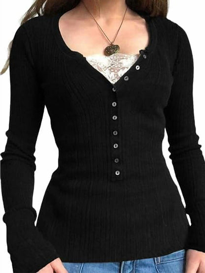Lace Paneled Button Long Sleeve Knit Top