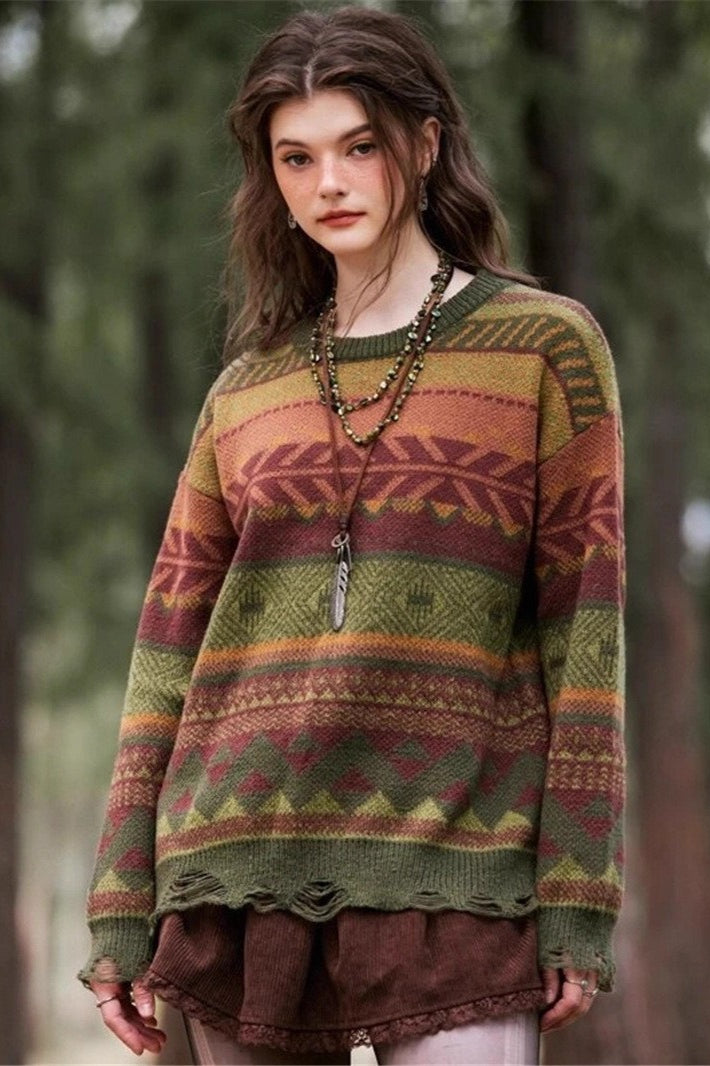 Distressed Geometric Knit Sweater