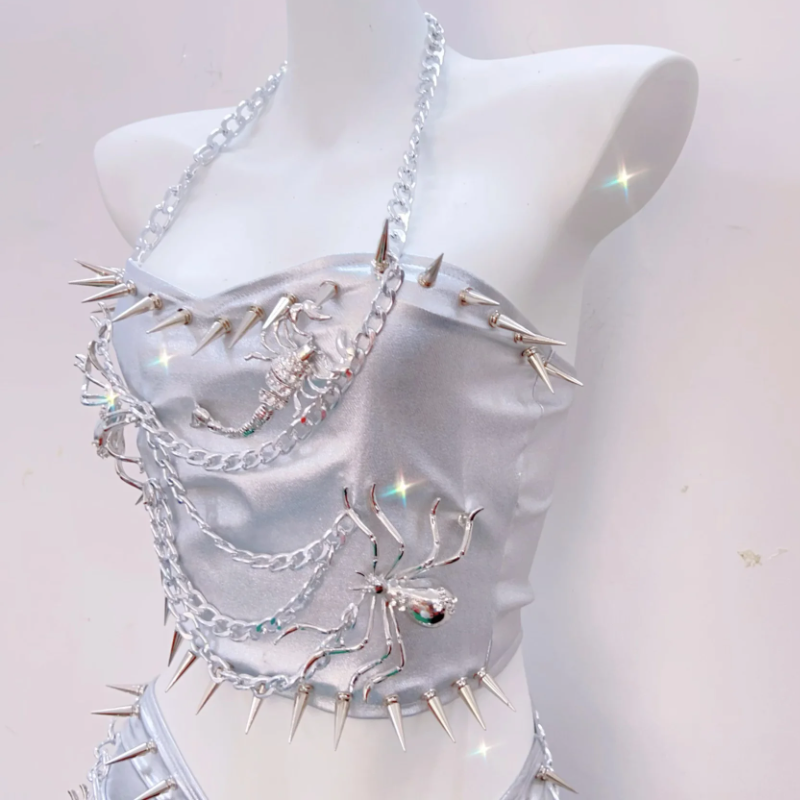 Metal chain halter rivet applique metallic mini skirt set  | Festival Outfits Women