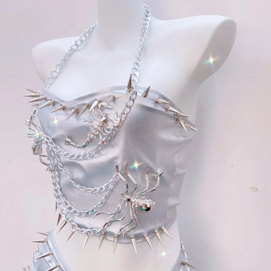 Metal chain halter rivet applique metallic mini skirt set  | Festival Outfits Women
