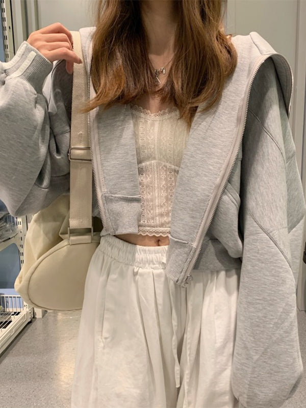 Anti Pilling Bunny Ears Zip-Up Cropped Hoodie