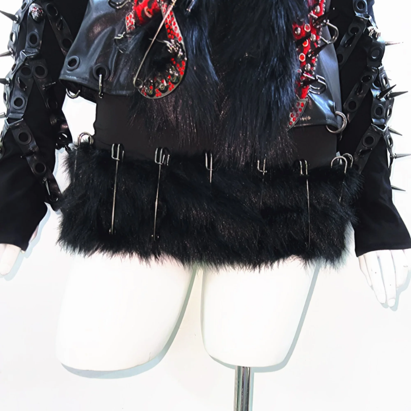 Fluffy rivet applique PU leather v neck o ring top  | Festival Outfits Women