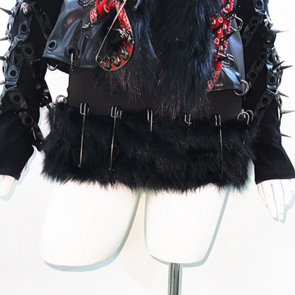 Fluffy rivet applique PU leather v neck o ring top  | Festival Outfits Women