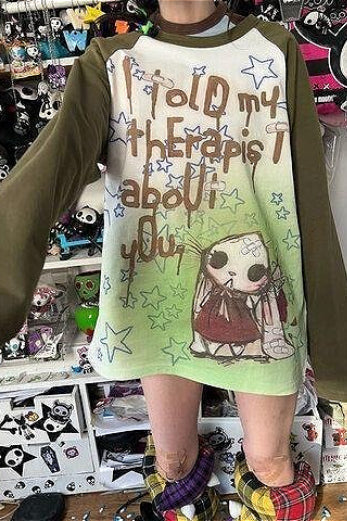 Y2K Punk Cartoon Graffiti Raglan Sleeve Casual Loose T-shirt