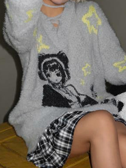 Anime Print V Neck Loose Sweater