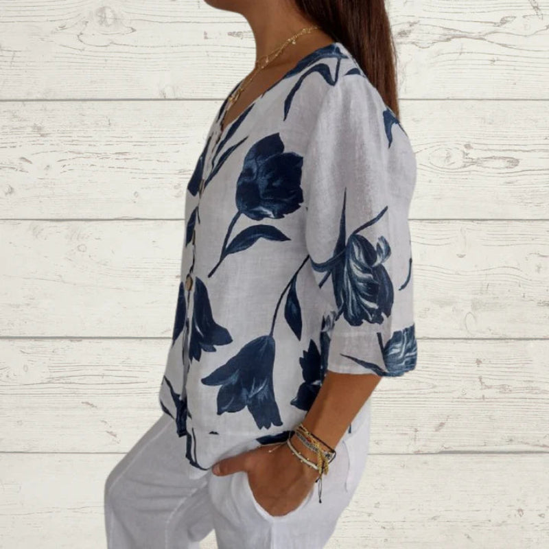 Camisa elegante con cuello en V y estampado floral | Ideal para el verano