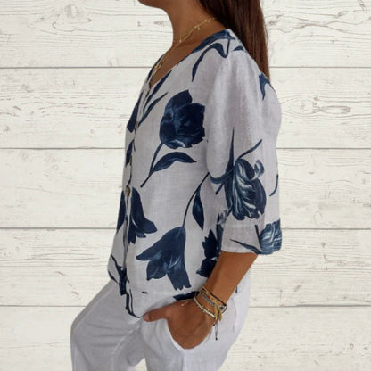 Camisa elegante con cuello en V y estampado floral | Ideal para el verano