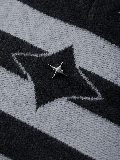 Plush Stripe Print V Neck Star Embellished Sweater