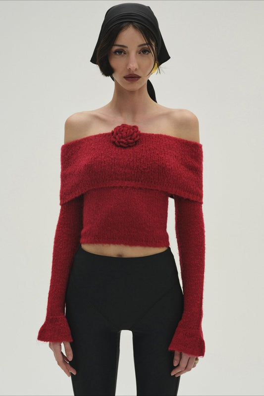 3D Floral Off-Shoulder Fitted Knitted Long Sleeve Tee