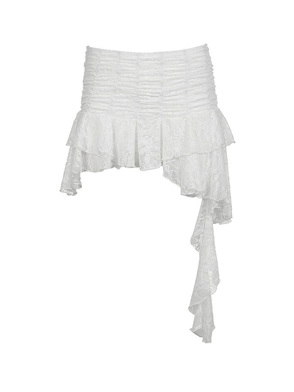 Irregular Hem Design With Wavy Edge Lace Splicing Mini Skirts